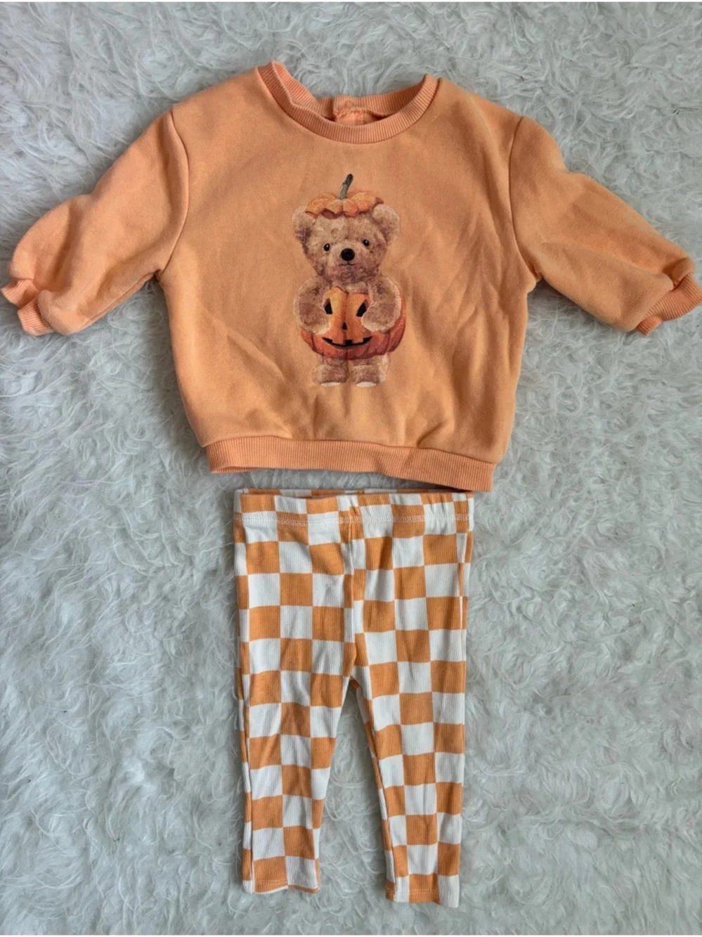 Gender Neutral Festive Orange Teddy Pumpkin Sweatshirt & Checkered Leggings Set